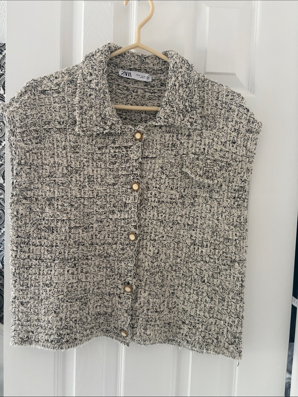 ZARA Black & Cream Textured Tweed Button Vest